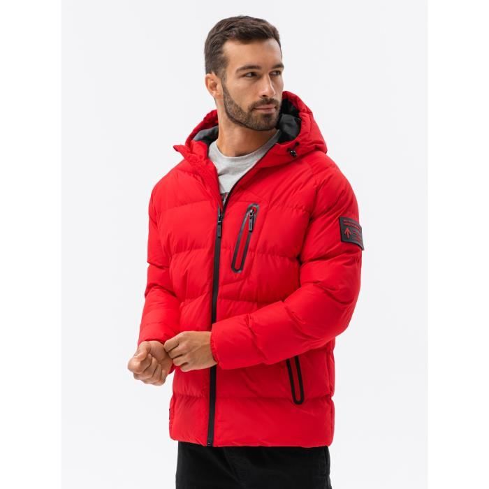 Blouson d Hiver Matelassee avec Capuche Ombre Pour Homme Rouge