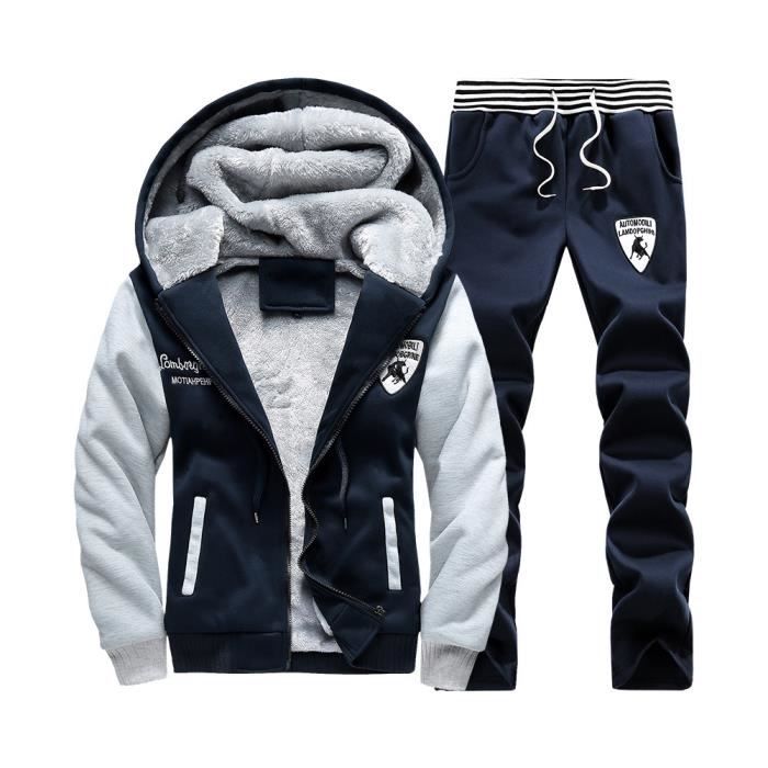 Homme Loisir Jogging Ensemble Hiver Chaud Épais 2 Pièces Polaire Zipper  Ensemble à Capuche à Manche Longue et Pant de Sport Bleu