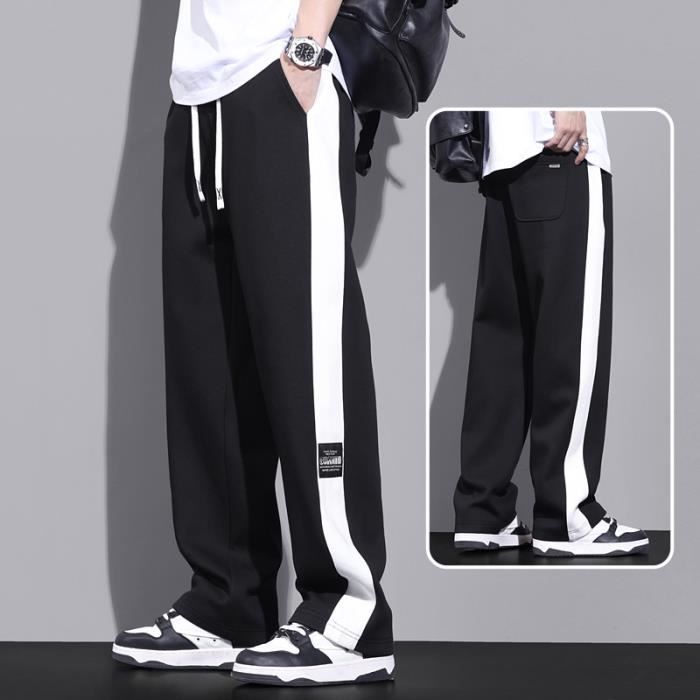 Pantalon Homme Jogging Sport en Coton Confort Coupe Droite Relaxed Fit  Bicolore Blanc Noir