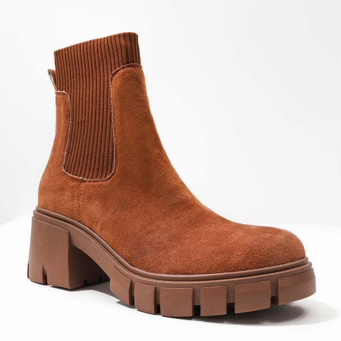 Boots Femme hiver talons epais semelle epaisse cheville grande taille Marron Synthetique
