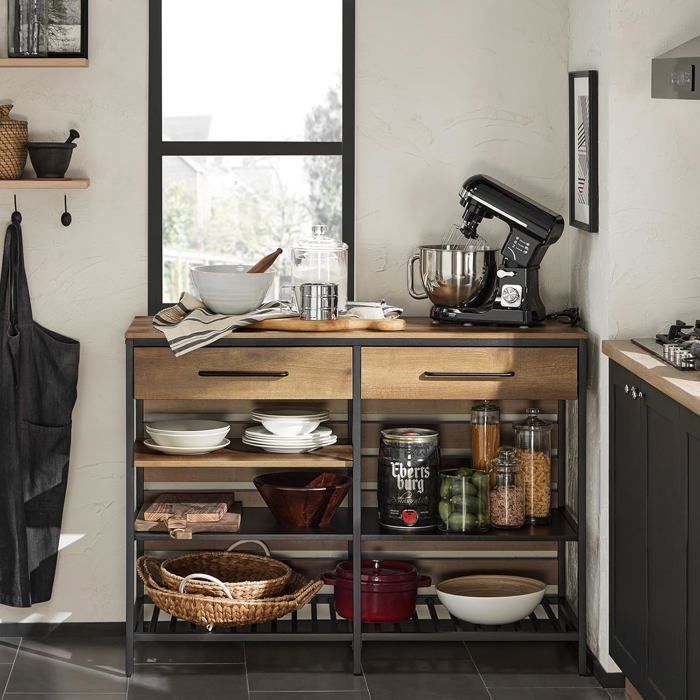 SoBuy Buffet Industriel Cuisine avec Étagères Tiroirs et Range-Bouteilles Meuble Micro-Ondes 120x91x45cm Marron
