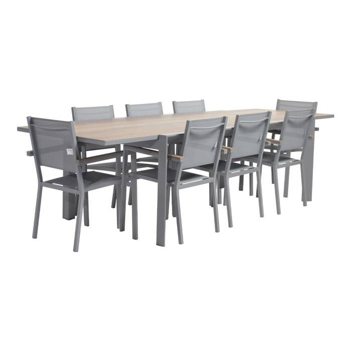 Table de jardin extensible 8 places 200/300cm avec plateau effet bois et structure aluminium gris clair et 8 fauteuils inclus