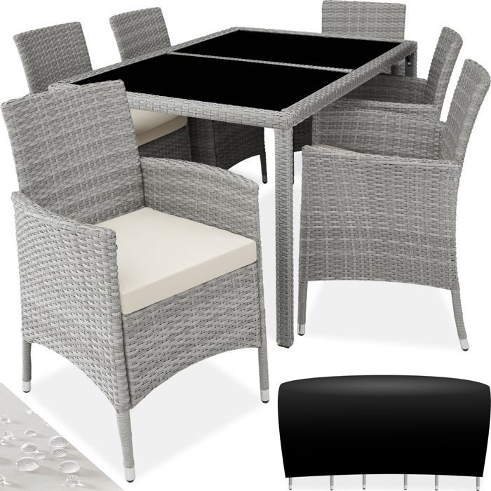 Salon de jardin - TECTAKE - Ensemble détente repas dextérieur PORTO 6 personnes encastrable et résistant UVs - Gris Clair/Crème
