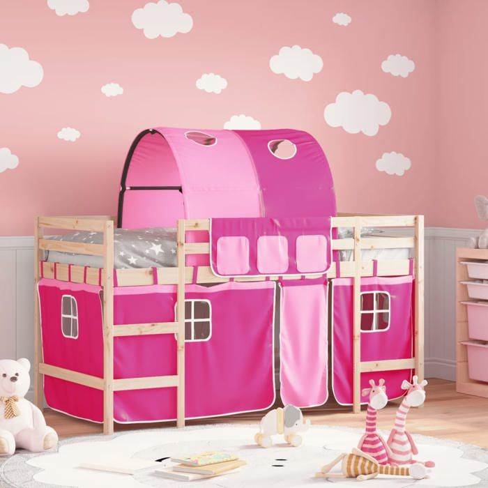vidaXL Lit Mezzanine Enfants avec Tunnel Lit Surélevé pour Enfants avec Échelle Meuble de Rangement Chambre Moderne Rose 3206984