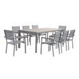 Table de jardin extensible 8 places 200/300cm avec plateau effet bois et structure aluminium gris clair et 8 fauteuils inclus-1