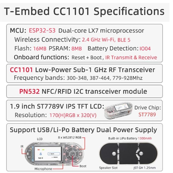 Tembed Rfid Module T-Embed ESP32-S3 CC1101 Émetteur-Récepteur RF Basse Consommation Sub-1 ...