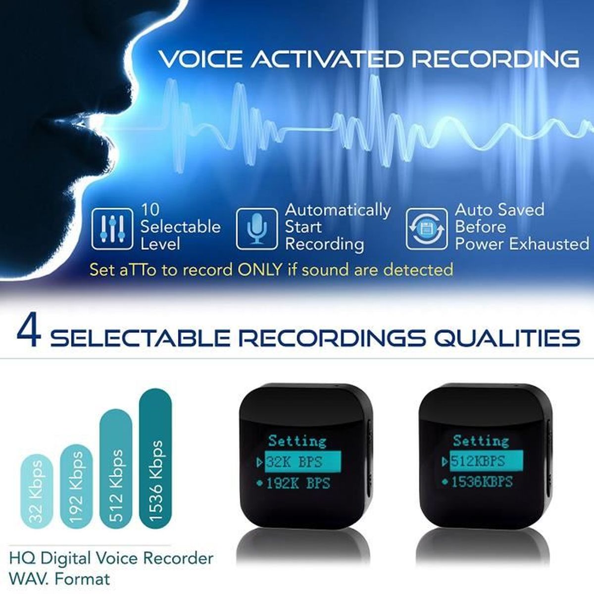 Enregistre pendant Charge Petit Module D/’enregistreur Voix /à Commande Vocale 24 heures Batterie Autonomie Cl/é USB Dictaphone 286 Heures Capacite Dispositif d/écoute aTTo 4GO