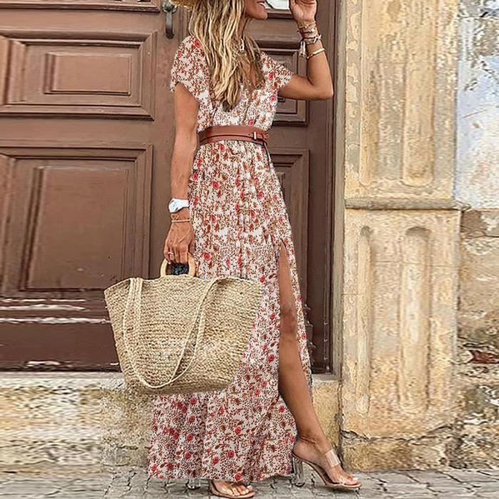 Robe Longue Style Boheme avec Col en V pour Femme Tenue elegante a