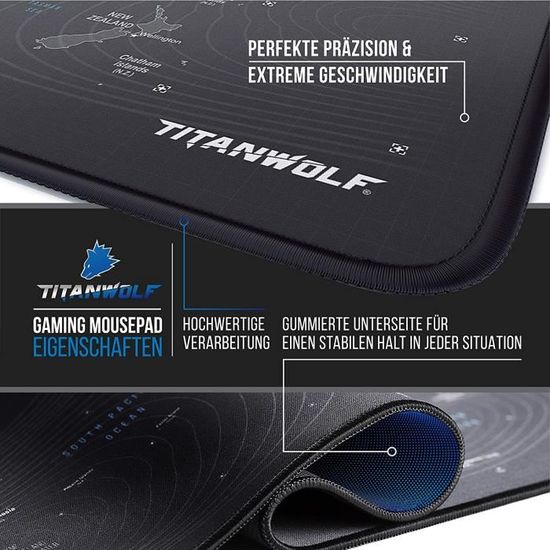 CSL-Computer Titanwolf Tapis de Souris XXL Speed Gaming Améliore la précision et la Vitesse Tapis de Souris XXL Motif Carte du Monde tête de Loup Antidérapant 900 x 400 mm Grand Format 