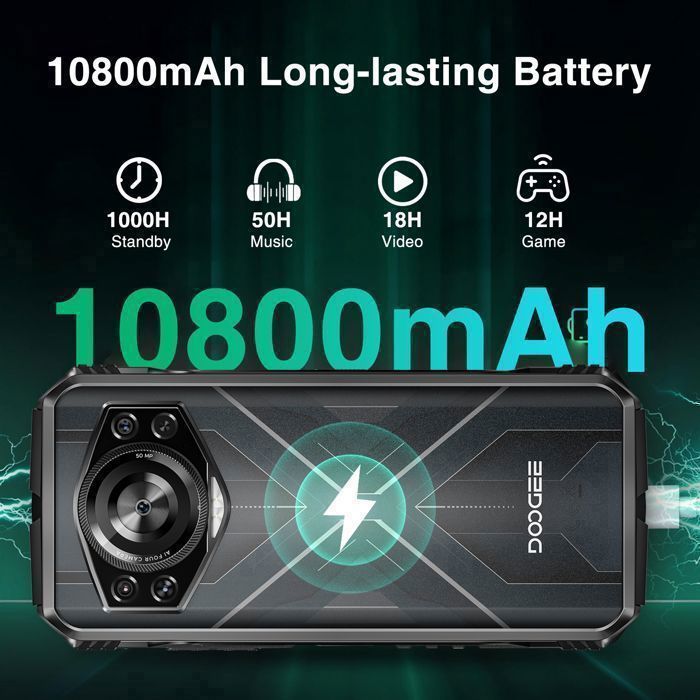 DOOGEE S Punk Telephone Portable Incassable Android 14, 16GB RAM 256GB ROM/TF 1TB, 10800 mAh 33 W, 126dB Haut-Parleur, 50MP 16MP, 6,58'' FHD 90Hz Smartphone Incassable, Lumière LED/NFC/OTG/IP68/IP69K