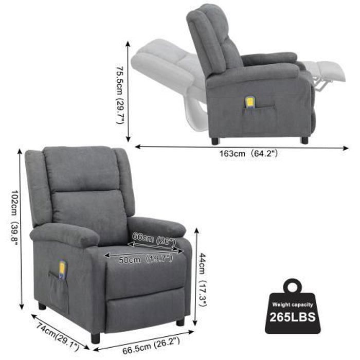 Fauteuil Inclinable Relax FCH Gris – Massage Chauffant, Repose-pieds électrique