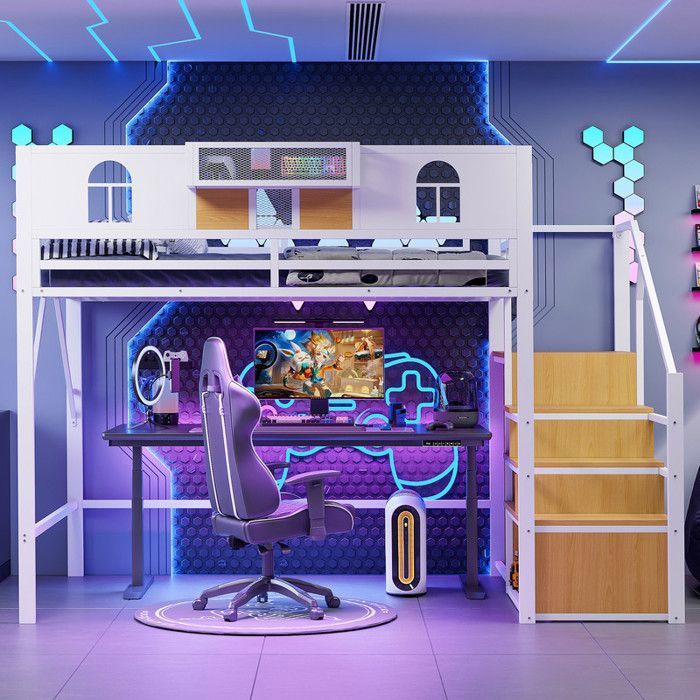 Lit Mezzanine Métal 140x200 Cm Avec échelle Et Rangements - Blanc - Capacité 120 Kg - Espace De Jeu Dessous - Pour Enfant/ado - 10