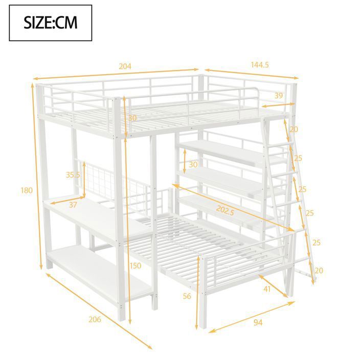 Lit Mezzanine 1 Place 140x200 Cm Avec Bureau Et Rangements - Noir, Structure Fer Et MDF, LED, USB-C