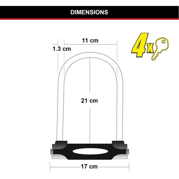 Duokon Serrure en U pour vélo Serrure en U noire en alliage d'acier