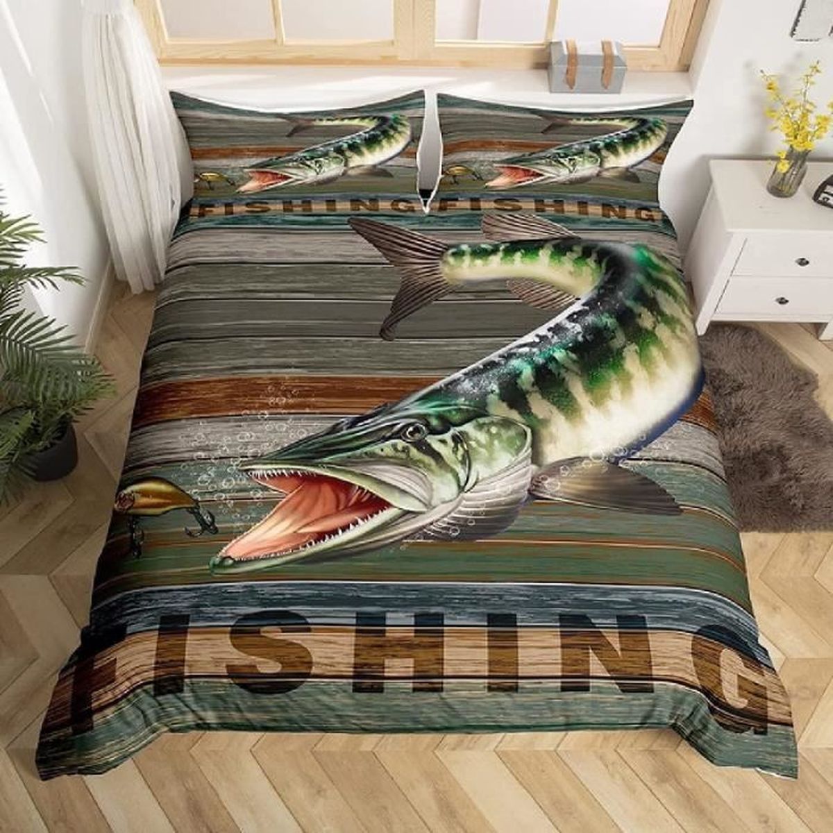 Housse de Couette 140x200 Poisson Texture Bois Parure de Lit Animal 1