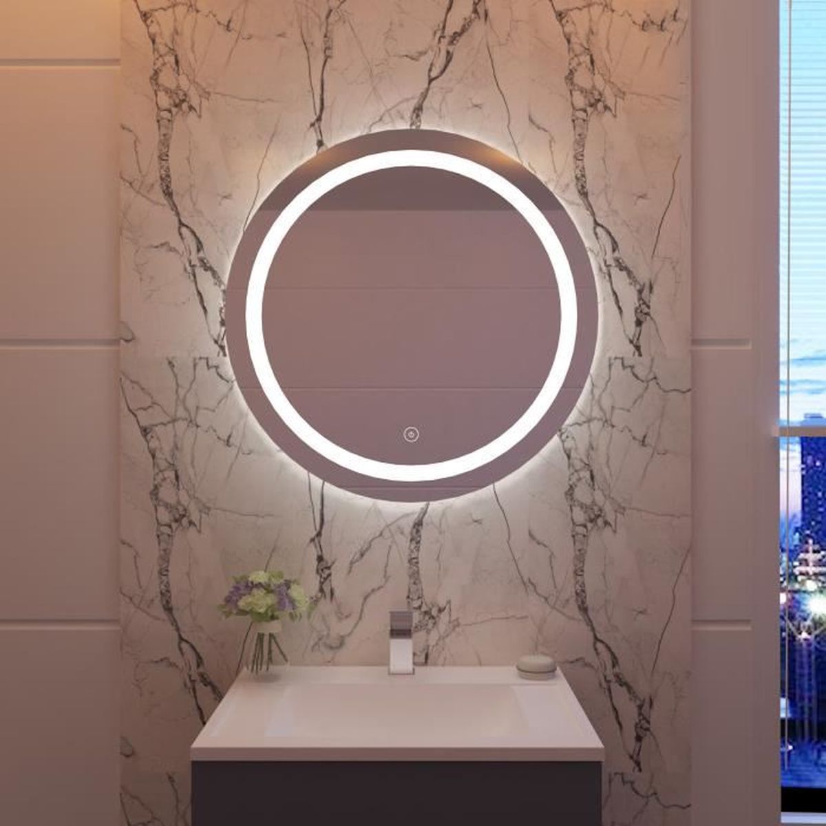 20x20cm rond miroir de salle de bains avec contrôle par capteur, anti-poussière anti-buée, lumière blanche froide 20x20cm rond miroir de salle de bains avec contrôle par capteur, anti-poussière anti-buée, lumière blanche froide