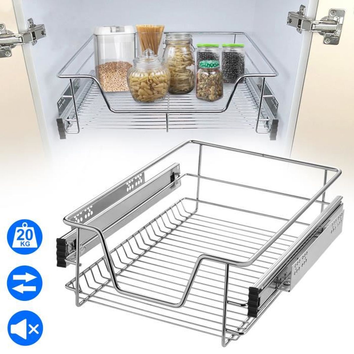 Rangement Couloir D'Angle Coulissant Pour Cuisine - 2 Plateaux Tournants 180° - Gris/Blanc - Charge 15kg/Plateau