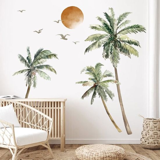 Stickers Muraux Palmier Tropical Avec Oiseaux - Déco Murale Adhésive Grand Format, Style Boho, Pour Salon, Chambre