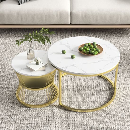 LIFEZEAL Lot De 2 Tables Basses Gigognes - Effet Marbre Noir, Cadre Métal, Design Moderne, Charge 140 Kg