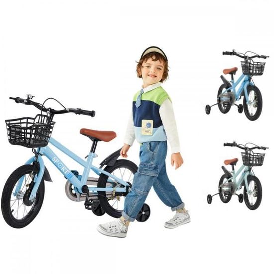 Vélo Enfant 12 Pouces Avec Roues Stabilisatrices - Pour 2 à 5 Ans (80-105 Cm) - Siège Et Guidon Réglables, Charge Max 60 Kg - Bleu
