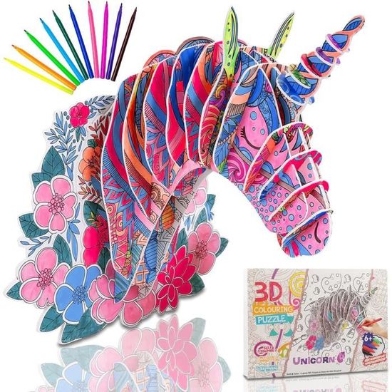 5 6 7 cadeau d'anniversaire pour les filles de 8 ans, ensemble de puzzle  coloré 3D, 4 puzzles de dessin d'animaux avec 12 marqueurs de stylo, cadeau  créatif de bricolage pour les