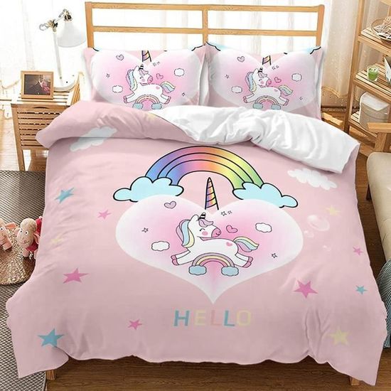 Couette Licorne 140x200 Cm + 2 Taies 65x65 Cm - Microfibre 370 GSM - Pour Fille - 4 Saisons - Cadeau Avec Sac