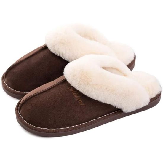 Pantoufles Fourrées Unisexe Adultes - Faux Daim, Intérieur Coton - Taille 41 Marron