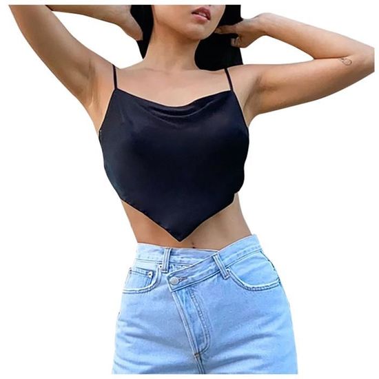T-shirt uni dos nu pour femme, gilet sans manches, coupe slim Crop Cami, Blanc., L