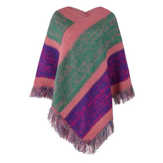 Pull Poncho Femme Surdimensionné – Manches Chauve-Souris, Col Montant | Tissu Coton Doux, Style Cape Rayé | Décontracté Élégant