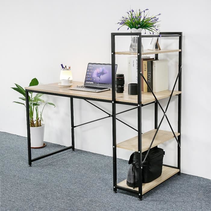 Table de Bureau Bureau d'ordinateur, Table d'étude avec étagères, Industrielle, en Bois et Métal, 120 x 64 x 121 cm Noir+Chêne Clair