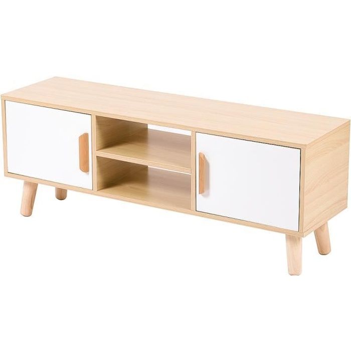 Meuble TV scandinave HOMPOT blanc et couleur bois + pieds en bois massif - L 110 cm