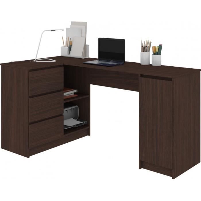 BALAUR - Bureau informatique d'angle contemporain 155x85x77cm - 3 tiroirs + porte - Table ordinateur multi-rangements - Wenge
