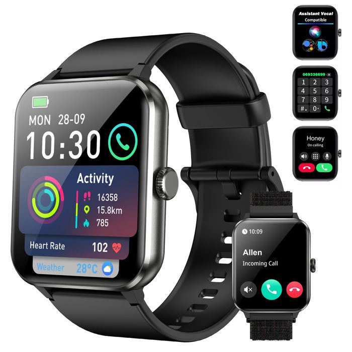 Montre Connectée Femme Homme d’Appel SmartWatch avec Bluetooth Intelligente Double Sangle pour Iphone Android iOS Huawei noir