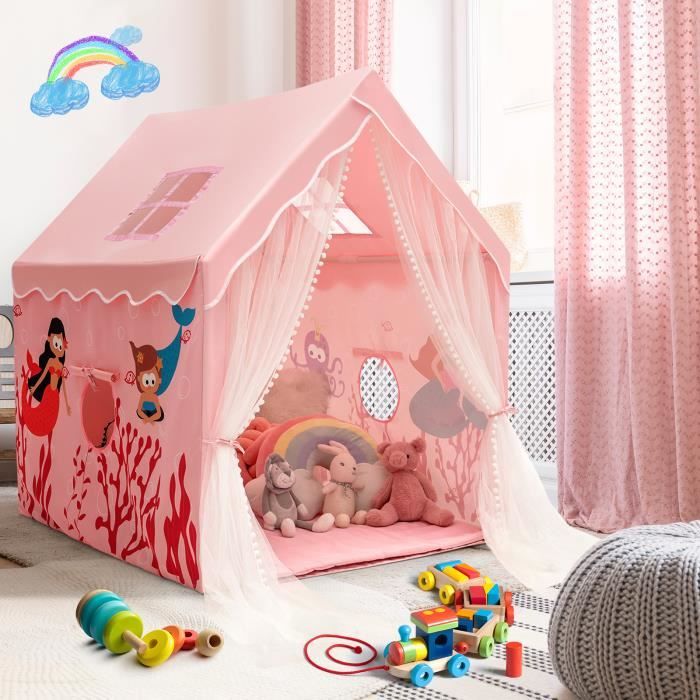 DREAMADE Tente de Jeux Enfants avec Porte de Rideau Longue, Tapis Amovible en Coton, Fenêtres en Maille, 121 x 105 x 137CM, Rose