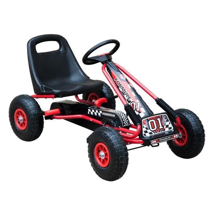 Vélo et véhicule pour enfants kart à pédales siège réglable roues gonflables et frein à main acier plastique rouge et noir neuf 06