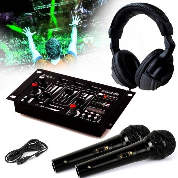 Casque DJ Sono + table de mixage DJ21-USB-MKII IBIZA Sound + 2 Micros Dynamiques Noir