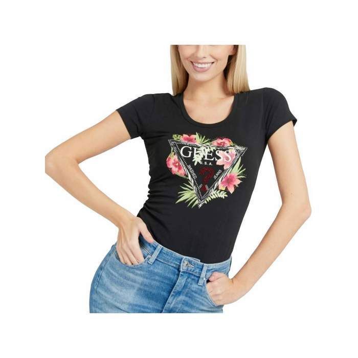 Tee shirt stretch à logo strassé - Guess jeans - Femme
