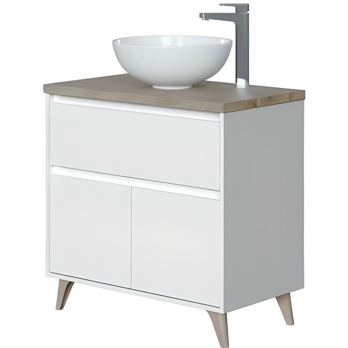 Meuble bas salle de bain avec 2 portes coloris Alaska chêne à nœuds-Blanc brillant - hauteur 80 x Longueur 80 x Profondeur 45 cm