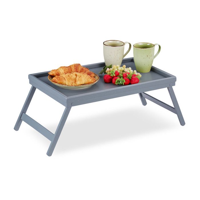 Relaxdays Tablette de Lit Bambou Pieds Rabats Rebords Plateau de Service & Petit Déjeuner, HxLxP : 4 x 50 x 31 cm, gris -