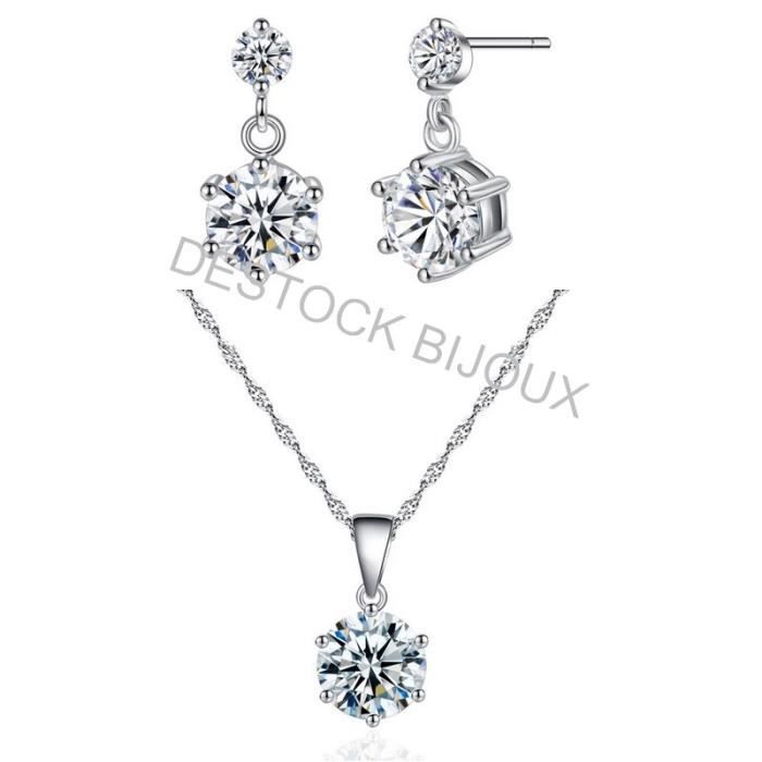 Parure Bijoux Solitaire Cristal Swarovski Elements Blanc Femme Argent Fin Rhodié