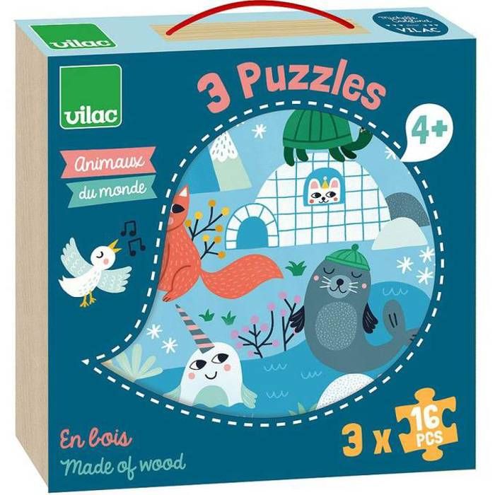 Vilac - 8530 - Coffret puzzles 3x16 pcs Animaux du monde