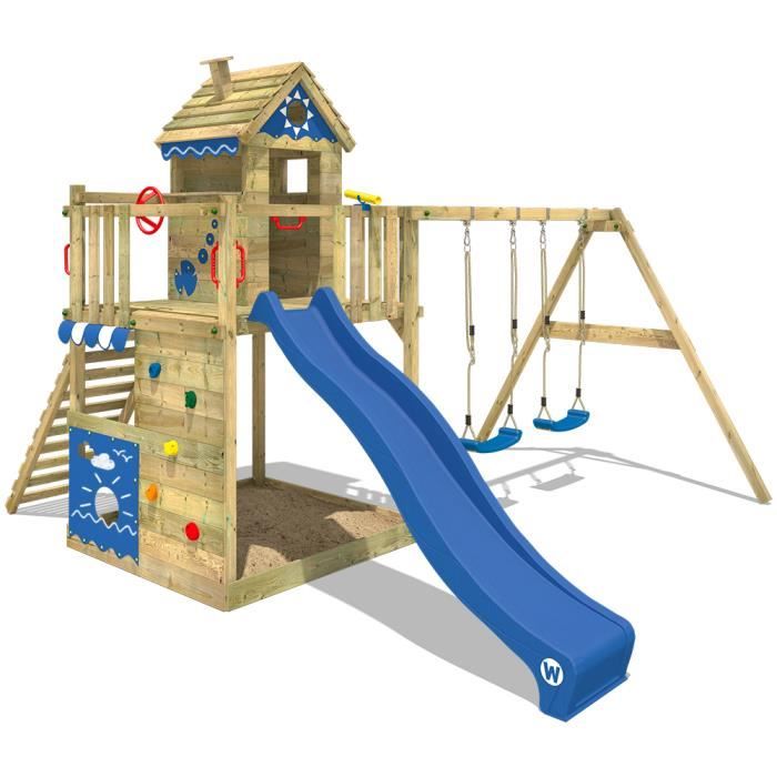 Aire de jeux WICKEY Smart Lodge 150 Portique en bois Tour d´escalade avec balançoire et toboggan