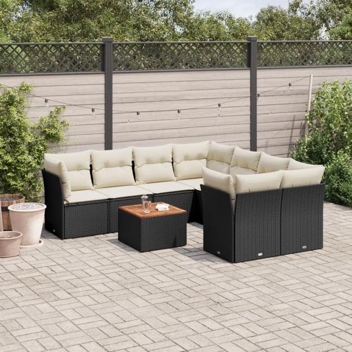 vidaXL Salon de jardin 9 pcs avec coussins noir résine tressée 3223529
