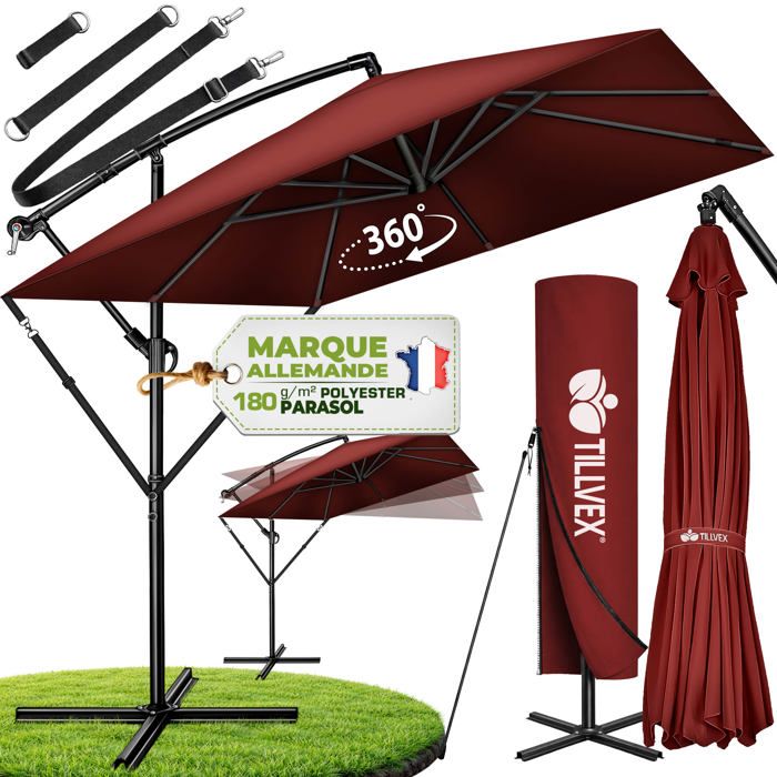 Tillvex Parasol Déporté Hexagonal 330cm Premium Avec Manivelle - Rotation 360° + Housse LED Solaire