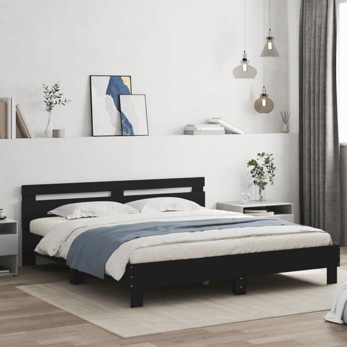 SALE 2025Structure/Cadre de lit avec LED - Lit 2 personnes - noir 160x200 cm 40 Kg 7021