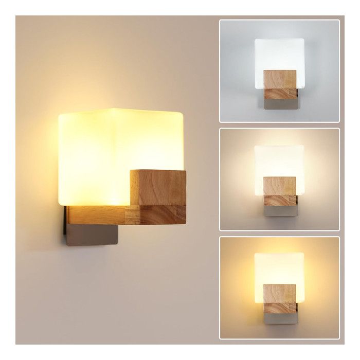 DELIPOP Applique Murale Vintage - Bois Naturel et Verre Blanc - LED 3 Couleurs - Idéale pour Couloir Escalier Balcon