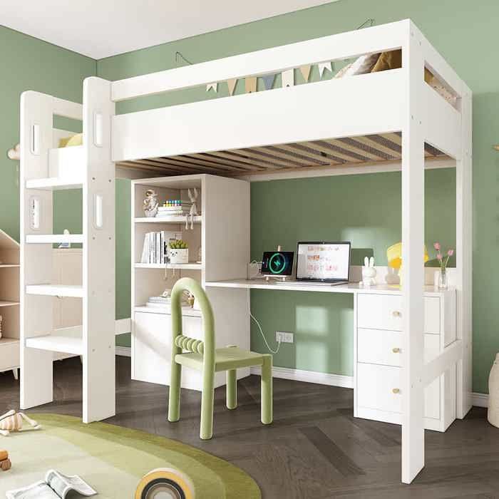 Lit mezzanine 90x200 cm enfants avec Bureau USB-C Armoire et Classeur et sommier à lattes Blanc Lit mezzanine 90x200 cm enfants avec Bureau USB-C Armoire et Classeur et sommier à lattes Blanc