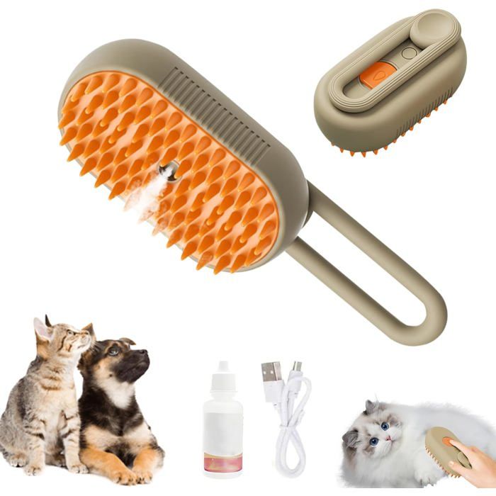 Comparer les prix de Brosse à vapeur 4 en 1 pour chat et chien massage et soins brosse électrique pour chat aux huiles essentielles (marron)