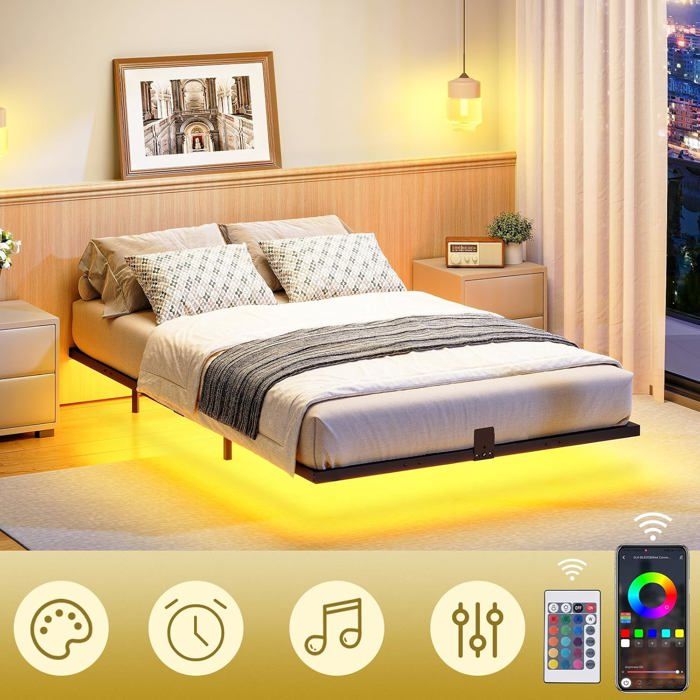 HOOBRO Lit 180x200 Cm Cadre Avec Éclairage LED, Station De Charge Et Rangement - Métal Robuste Noir EBK024CDBF01