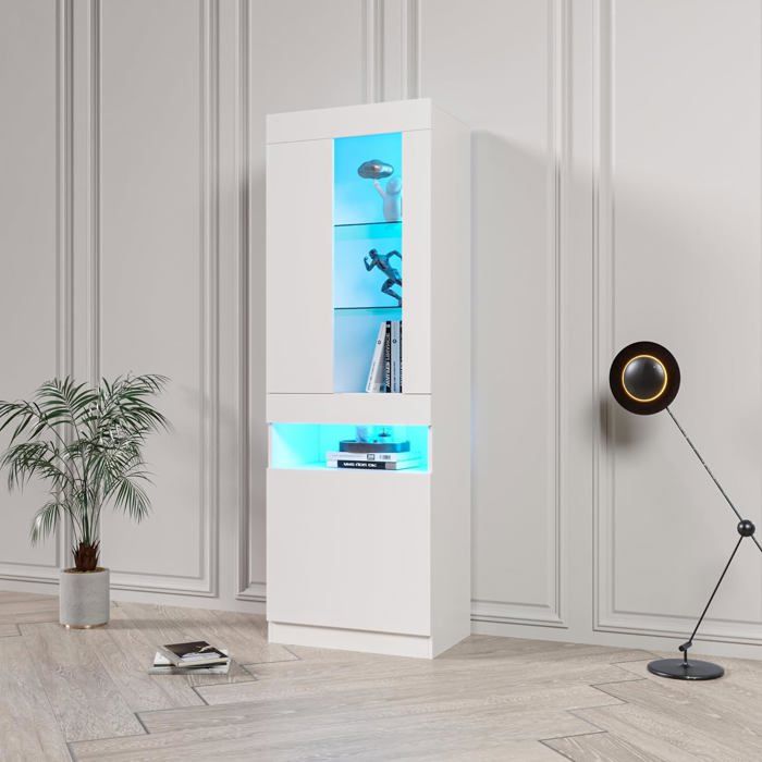 Vitrine avec éclairage LED 16 Couleurs Vitrine étagère Debout avec 2 Portes et 5 étagères Meuble de Salon Blanche